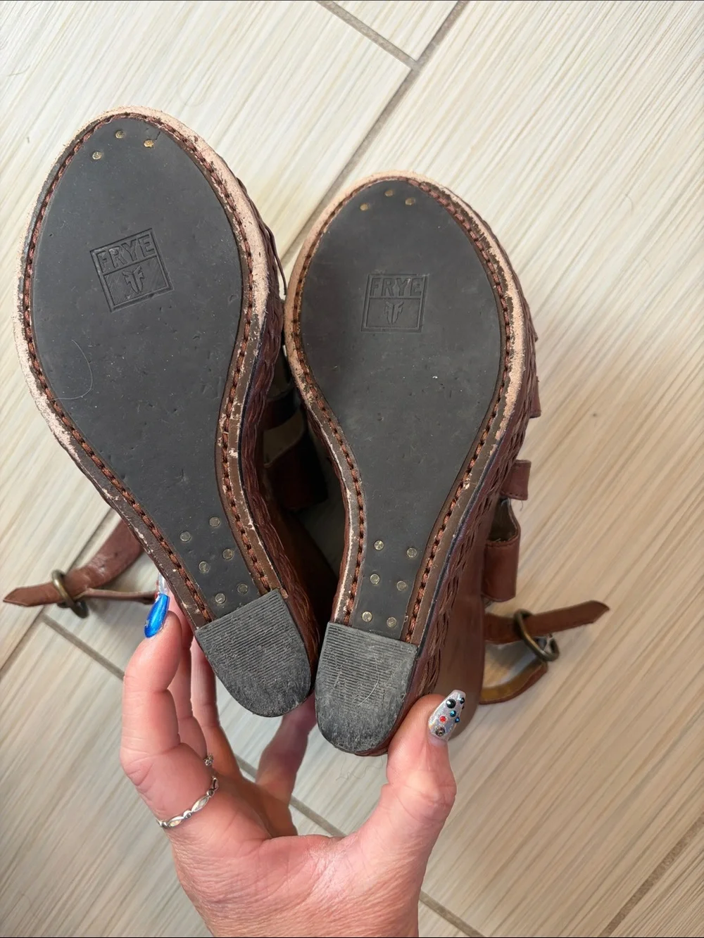 Frye Corrina Strappy Brown Woven Leather Wedge Sandals